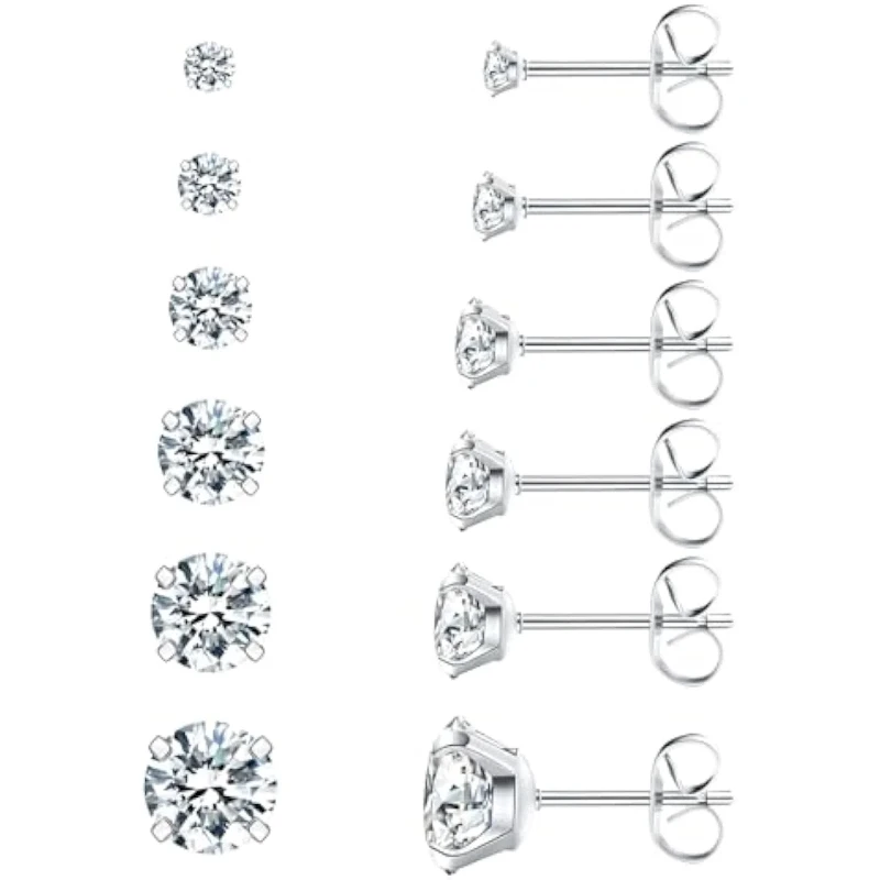 

6 Pairs trendy cute stud earrings set for women hypoallergenic cubic zirconia earings stainless steel 3-8mm earring jewelry gift