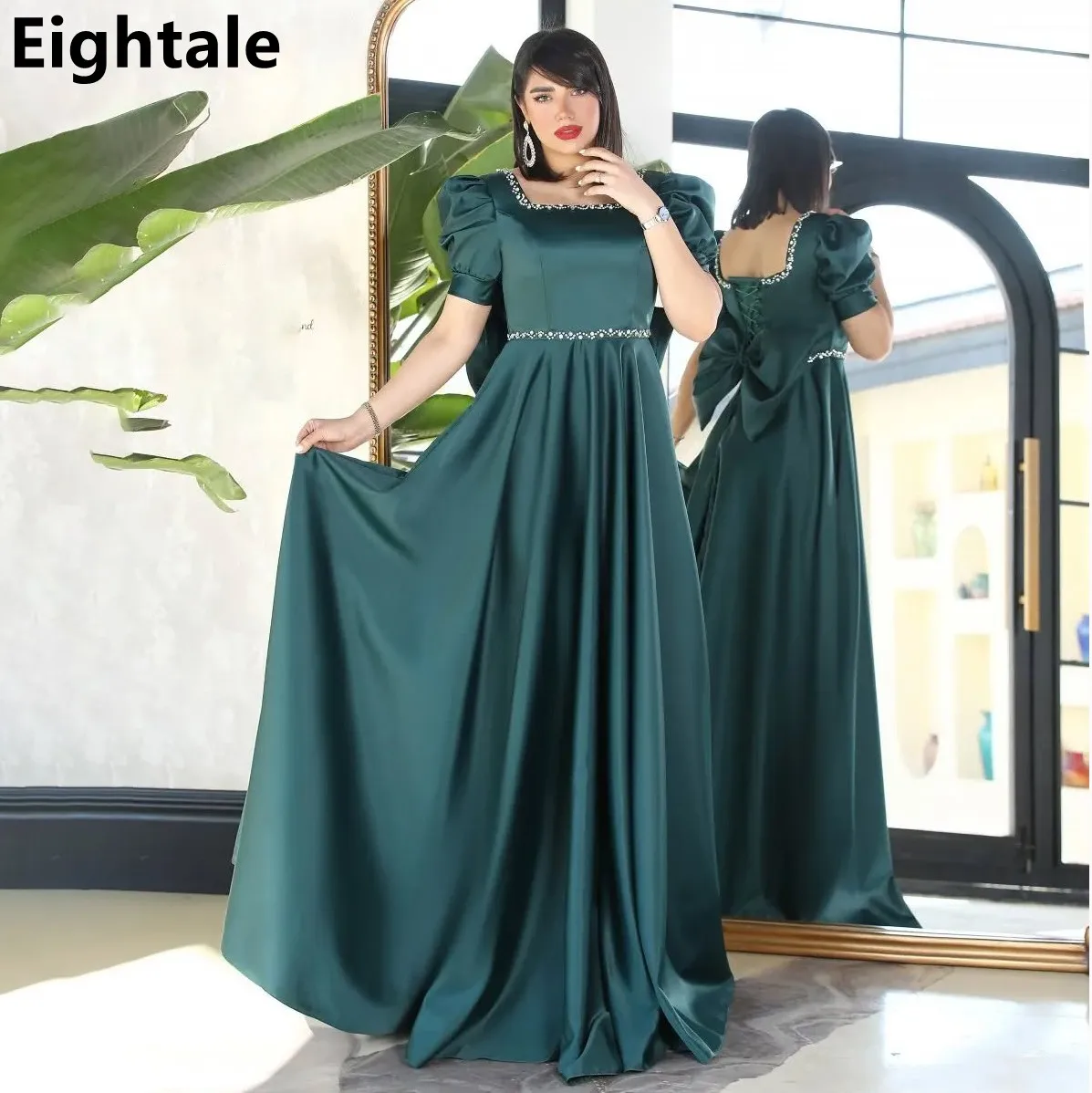 Eightale A Line Satin Evening Dress For Wedding Party 2025 Short Sleeve Beaded Bow Back Prom Dress Arabic Party Gown Customized