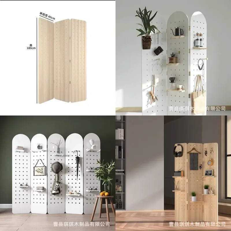 Nordic Solid Wood Folding Room Divider with Storage Movable Partition Screen for Home Office Simple Design