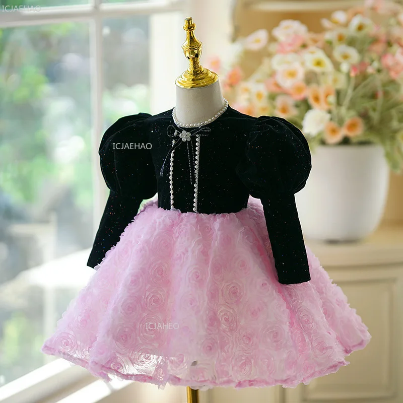 Kids Long Sleeve Flower Girl Wedding Dress Children Princess Gown 1st Birthday Piano Recital Girl Birthday Party Formal Clothes