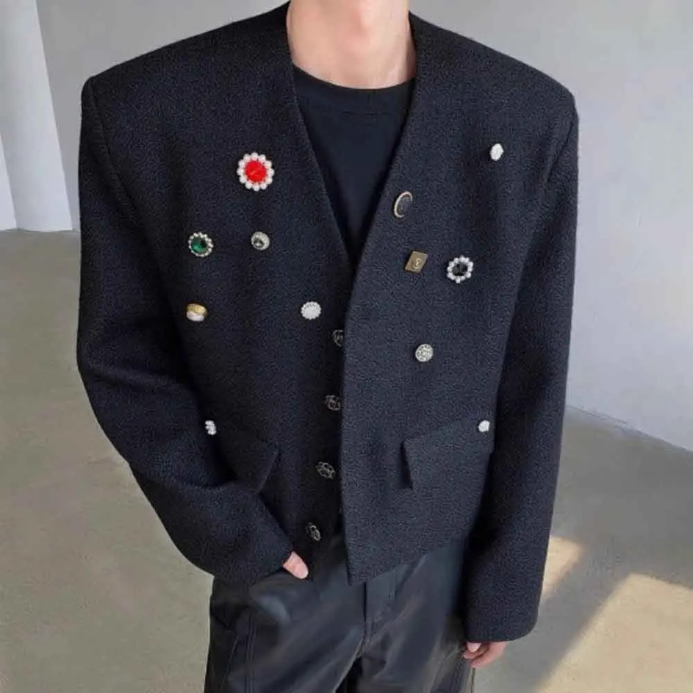 Mens Autumn Jacket Button Decoration Ballroom Jacket Streetwear Fashion Nightclub Stage Performance Youth Trend Collarless Top