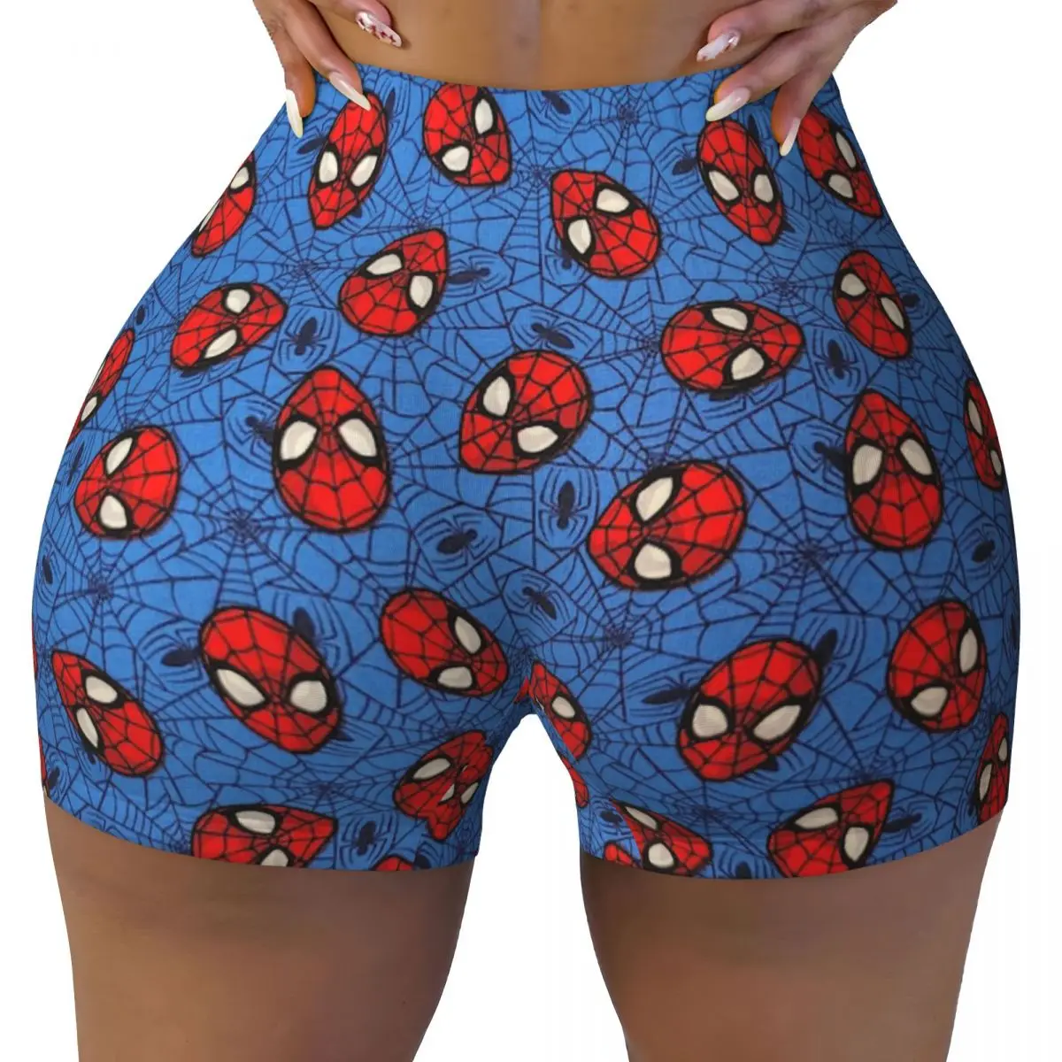 Custom Spider Man Face Toss With Web On Blue Quilt Workout Shorts Women's Gym Running Biker Yoga Shorts