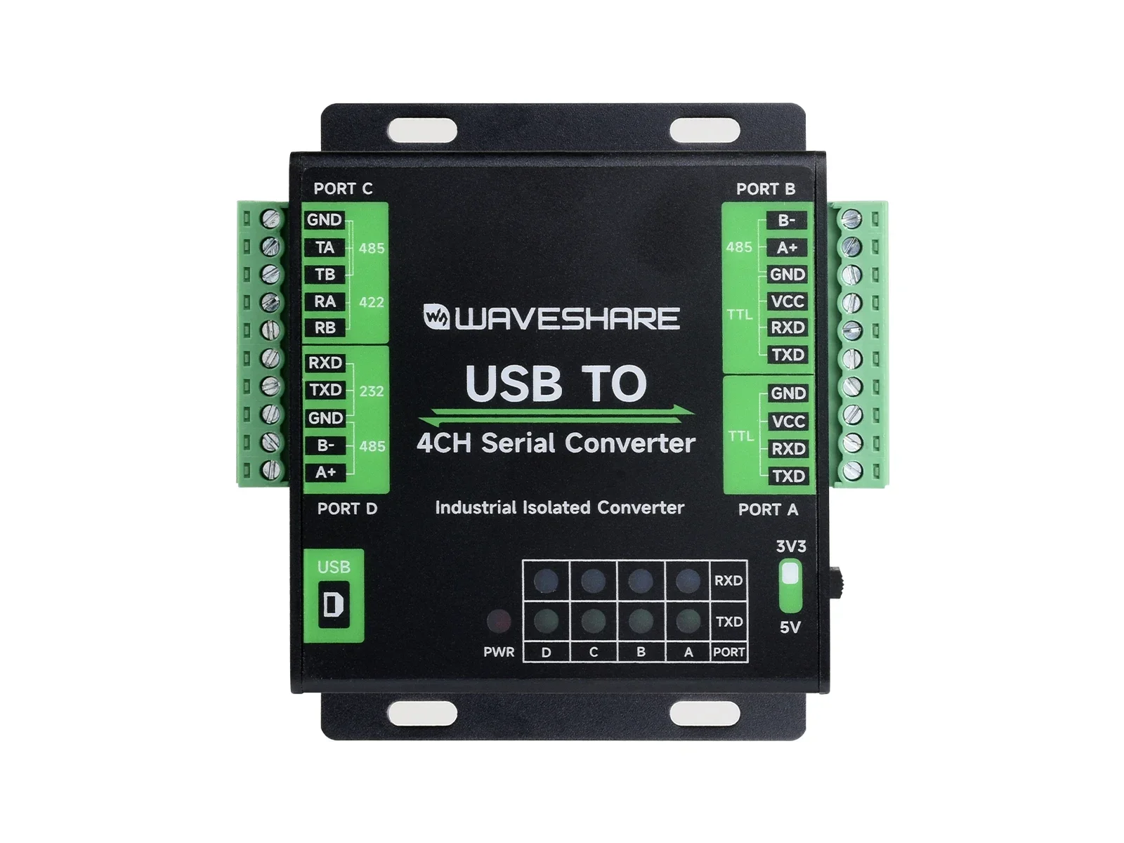 Waveshare Industrial USB To 4-Ch Serial Converter, Supports USB To RS232/485/422/TTL Original FT4232HL Chip