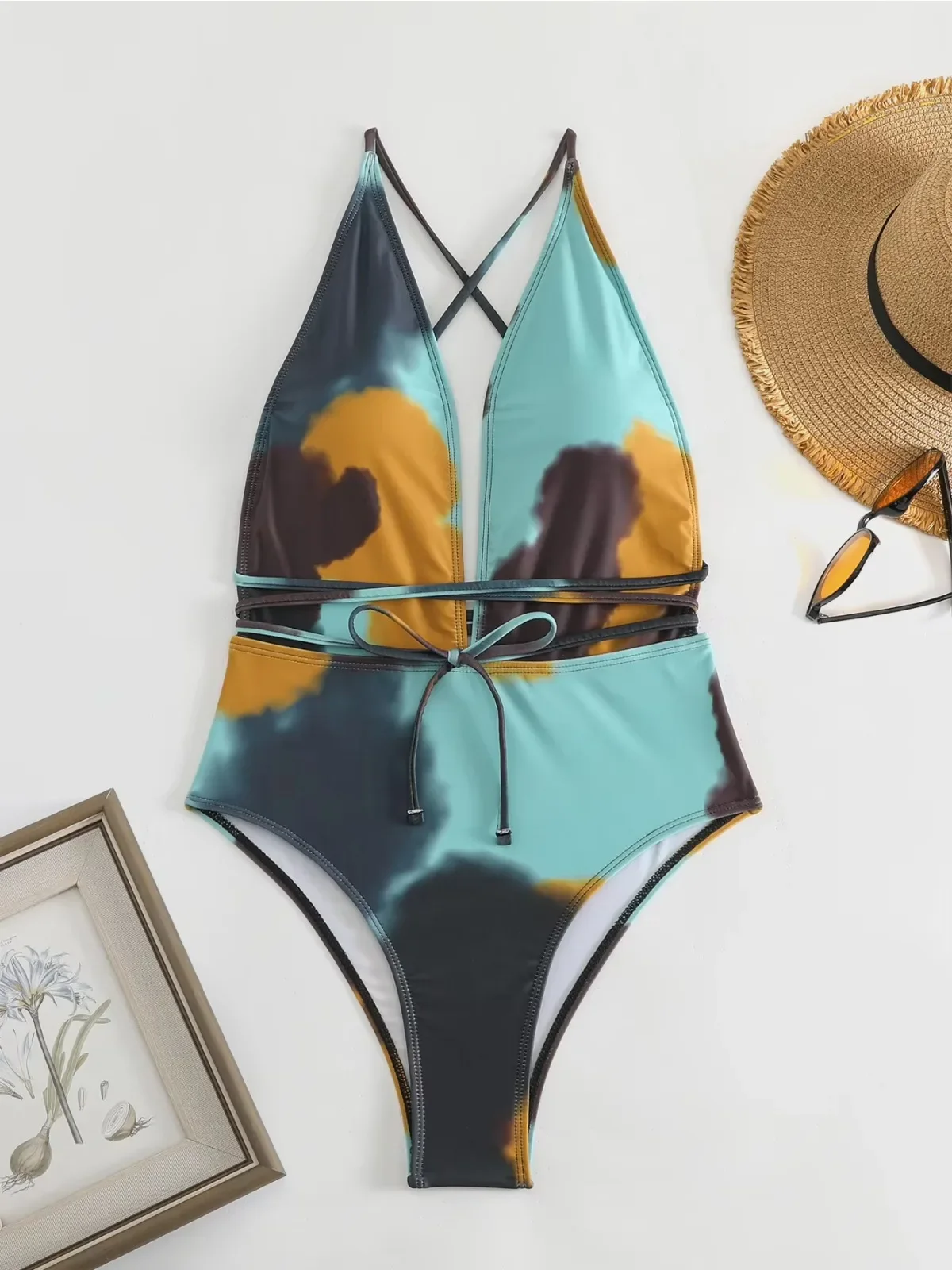 

2025 Women's One Piece Swimsuit,Tie Dye Print Sexy Deep-V Neck Bikini Monokini,high Waist Suspeder Lace-up Backless Swimwear