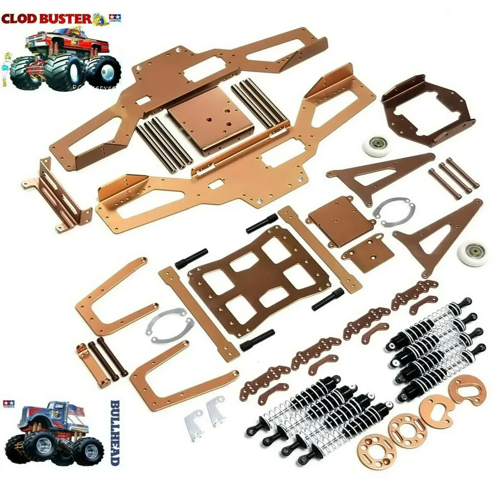 Aluminum Chassis/Bumper/Shock/Wheelie Bar Upgrades for Tamiya Clodbuster/Bullhead Option Parts