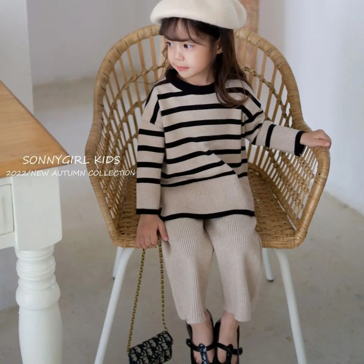 Girl Clothes Suit Sports Striped Knitted Set Spring and Autumn Children Stylish Girls Turtleneck Sweater Children Two Piece Set