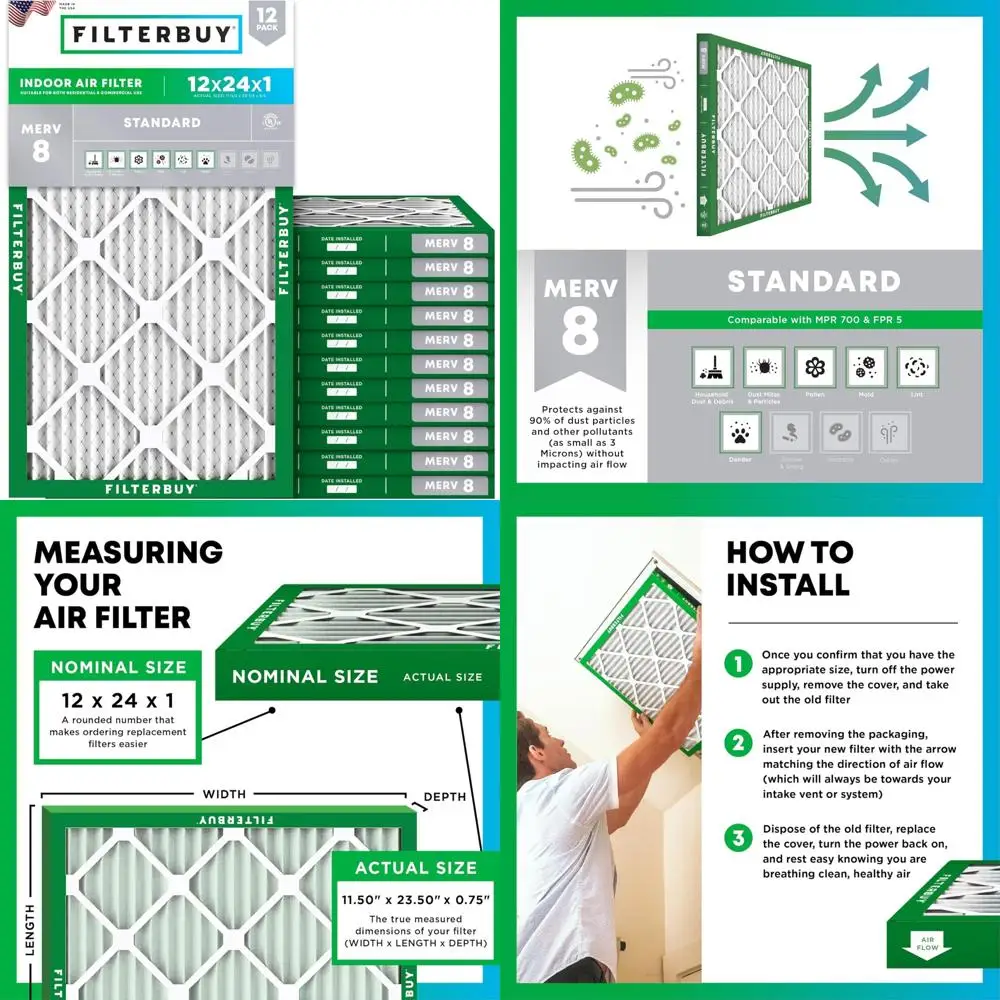 정전기 주름형 공기 필터 MERV 8 (MPR 700) - 12x24x1 HVAC 에어컨 히터 교체용 먼지 방지 12팩