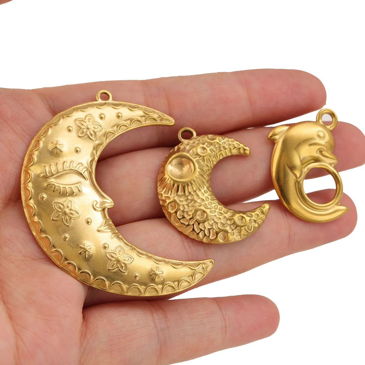 5Pcs Big Gold Plated Moon Charms Stainless Steel Lucky Necklace Pendant Accessories for DIY Necklace Bracelet Jewelry Making