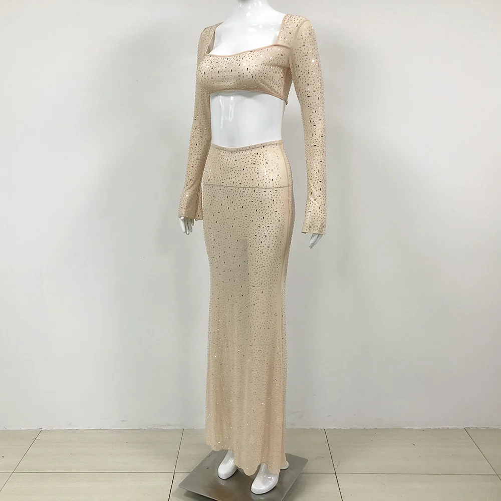 Ensemble de robe de bal 2 pièces avec cristaux pour femmes, haut à manches longues, jupe de fête, gaine fendue sexy, robe de soirée slim fit pour tapis rouge