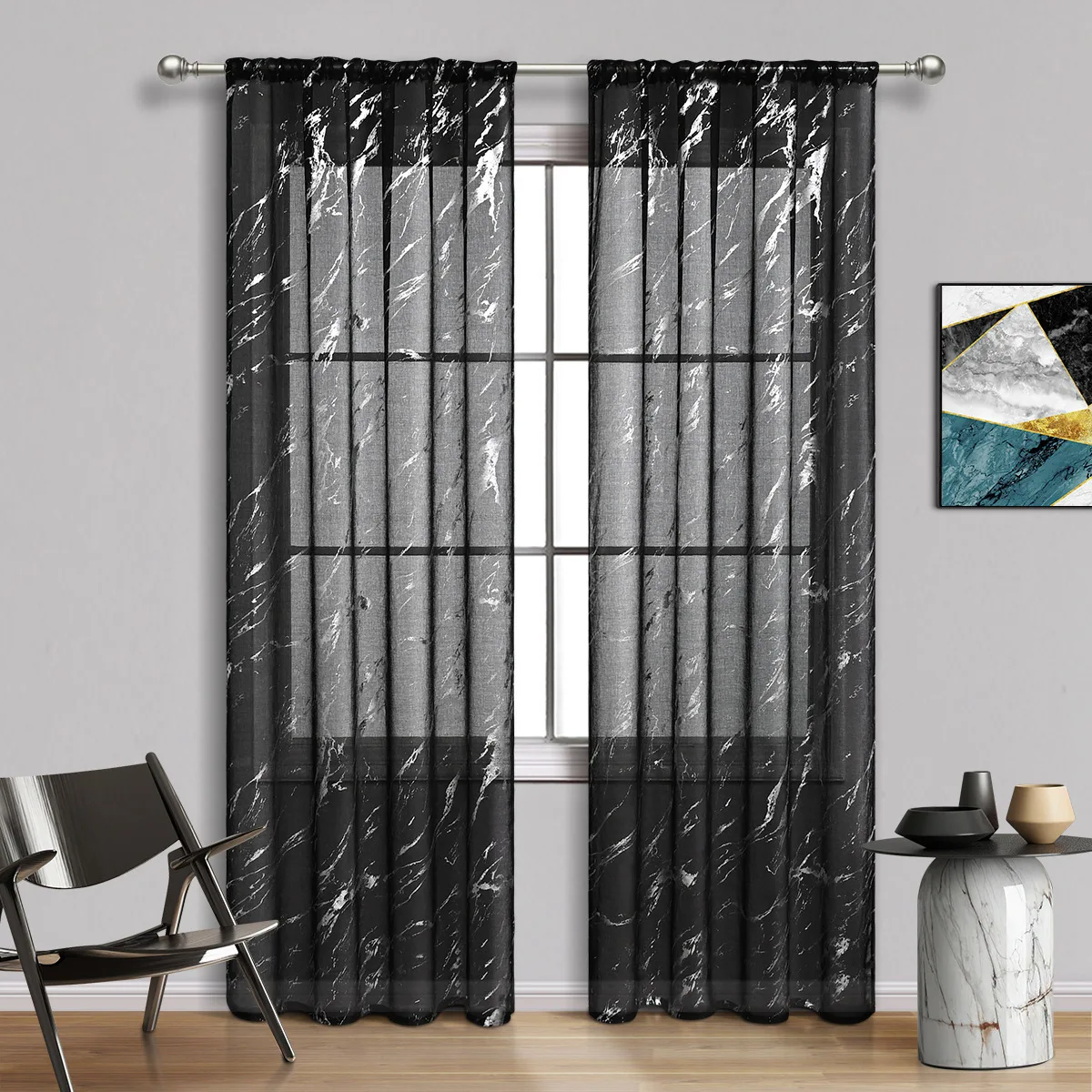 

Curtain Sliver Printed Black Window Curtains Rod Pocket Modern Style for Living Room Sheer Treatment Bedroom Decoration 1 Panel