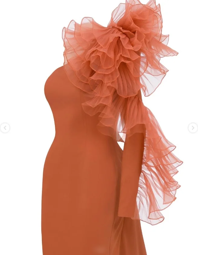 تخصيص رائع برتقالي واحد الكتف كم فساتين حفلة موسيقية الخصر التخسيس ذيل السمكة الطابق الكشكشة مزين مناسبة رسمية