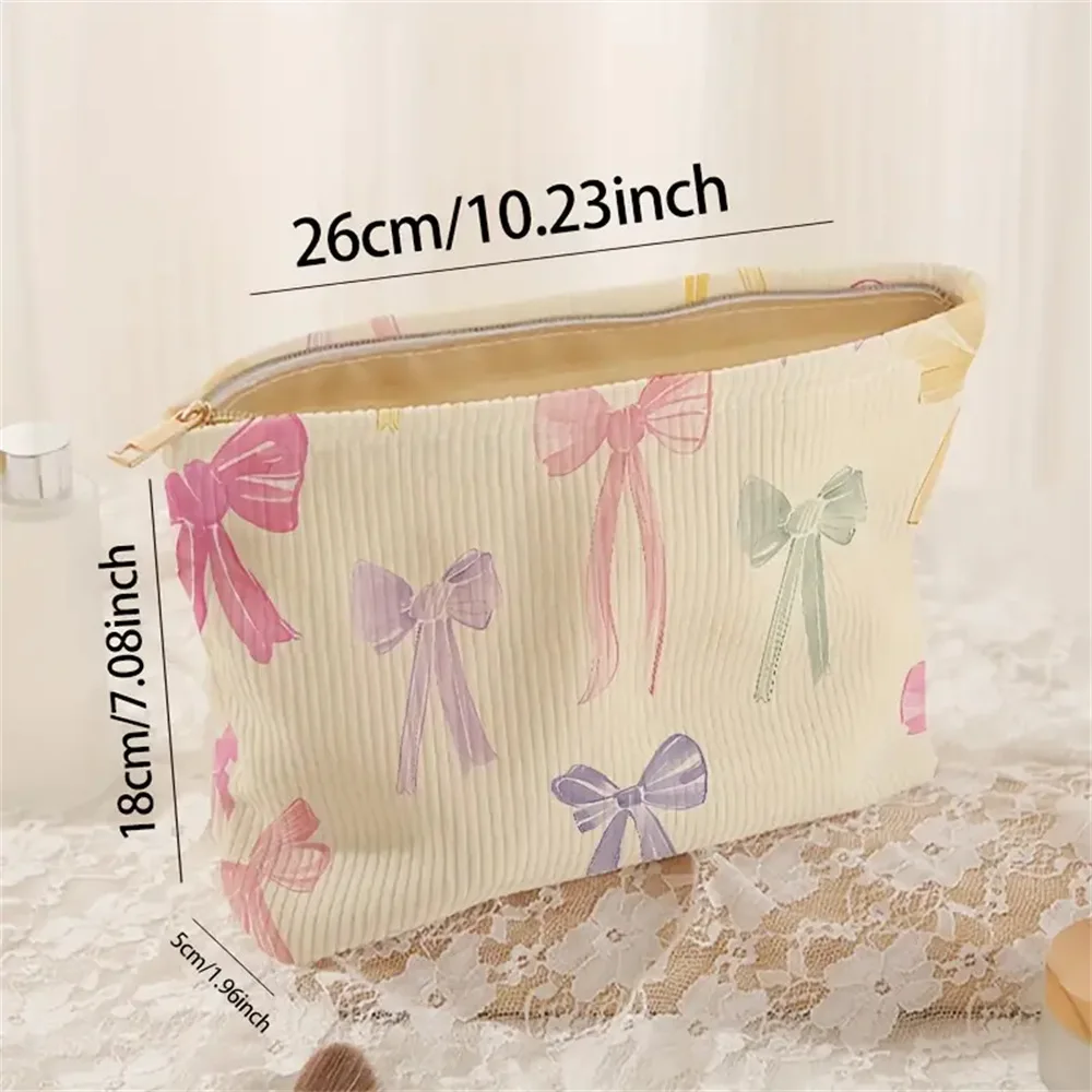 Bow Pattern Printed Cosmetic Bag Corduroy Zipper Makeup Organizer Lightweight And Multifunctional Cosmetic Storage Bag for Women