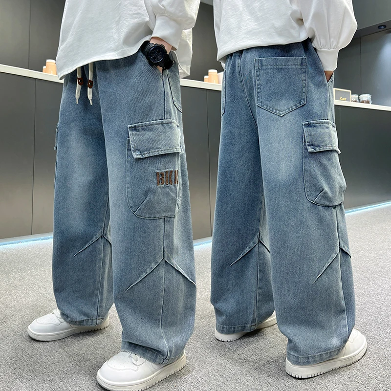 

Новые модные джинсовые брюки на шнурке, детские черные, синие джинсы-карго, брюки, корейские детские свободные прямые джинсы с карманом для мальчика