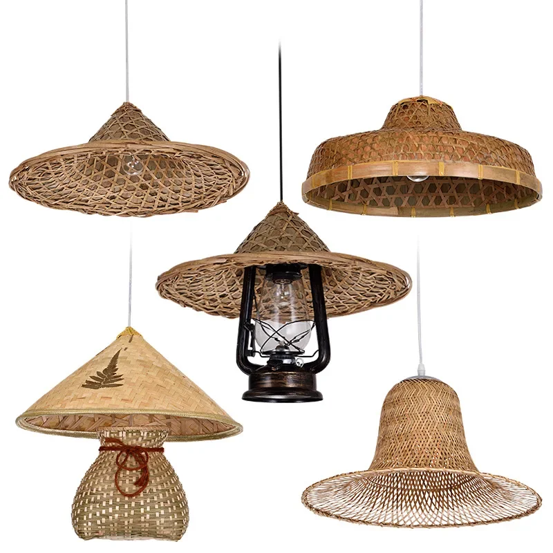 

Vintage countryside, farmhouse, rattan art, straw hat lamp, hot pot restaurant, Southeast Asian bamboo woven hat pendant lamp