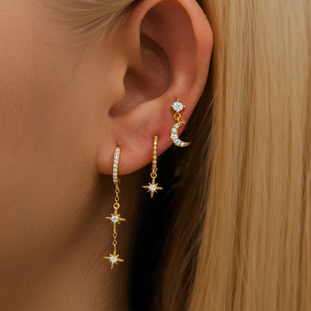 3 szt. Zestaw nowa gwiazda księżyc chrząstka kolczyki do piercingu cyrkonia wisiorek ze stali nierdzewnej łańcuszek Hoop kolczyk Piercing biżuteria — zdjęcie 4