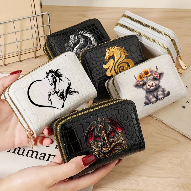 Kartenetui mit Pferdekopf-Drachen- und Highland-Kuh-Motiv für Damen, Reißverschluss, kurzer Stil, große Kapazität, mehrere Kartenfächer, Münzgeldbörse, Geschenk