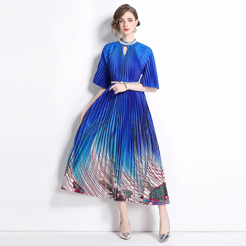 Miyake High End Nail Beads Printed Pleated Pearl Button Pleated Long Skirt Summer Dress Women Birthday Dress for Women Dresses