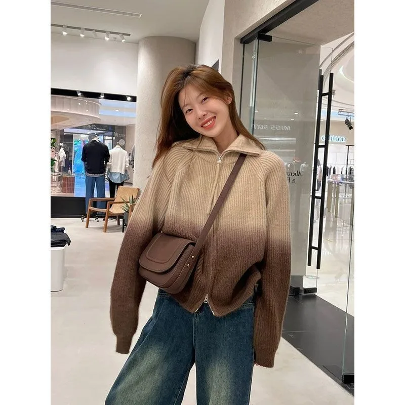 Women Clothing Autumn Winter Fashion Korean Zipper Gradient Color Knitting Women All-match Fashionable Long Sleeve Cardigan Coat