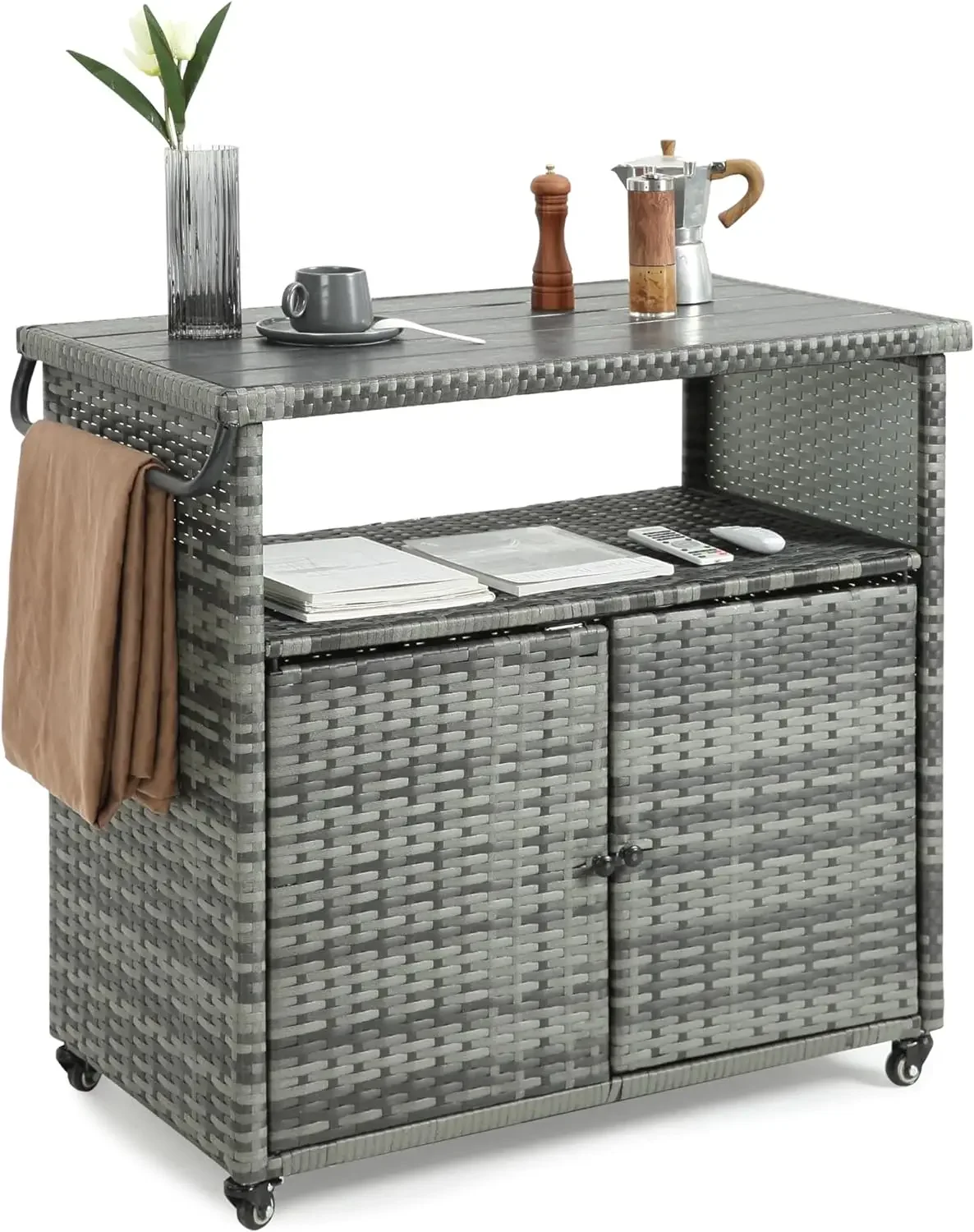 Wicker Outdoor Bar Cart - Gradient Patio Console Storage Table Buffet Cabinet Serving Kitchen Cart with Wheels for Backyard