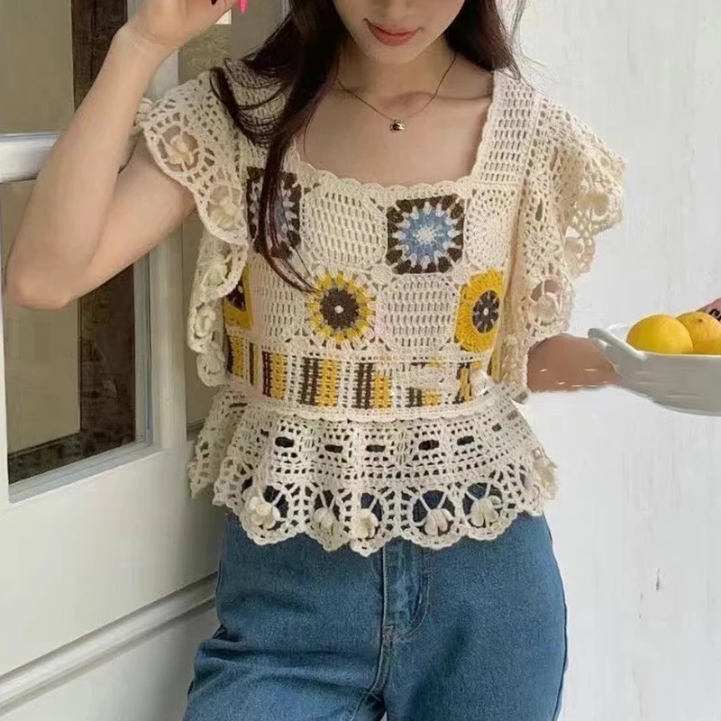 Granny Square Top Crochet Knit Sheer Embroidery Lace Square Neck Blouse Summer Women Teengirl Fairycore Cottagecore Outfit