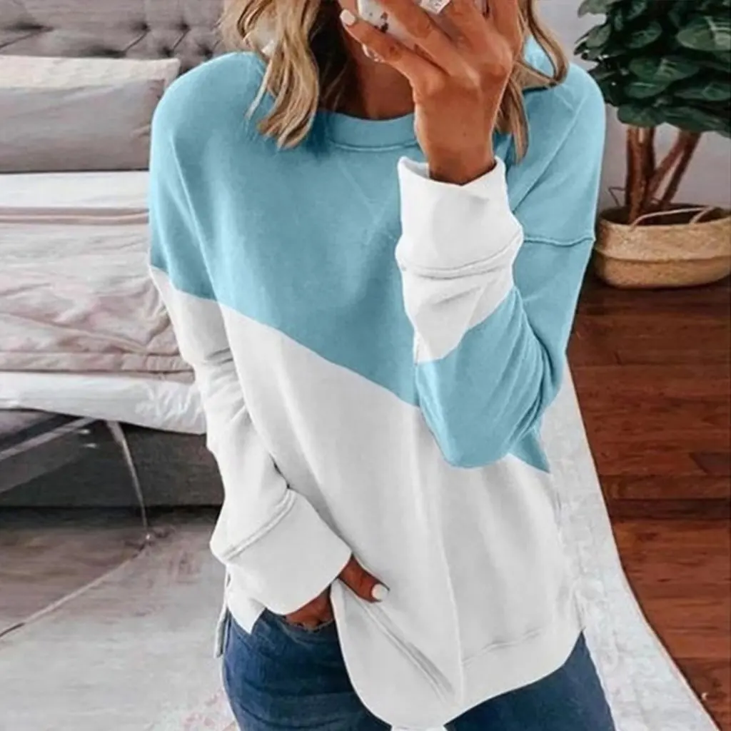 

Women's Long Sleeve round Neck Loose Sweater T-Shirt Color Matching Contrast Design Top for Trade