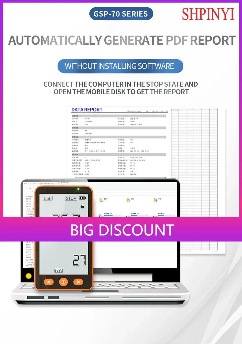 Aikesi GSP-70Pro LCD Data Logger Multi Reusable  USB PDF Report Temperature  Data Logger