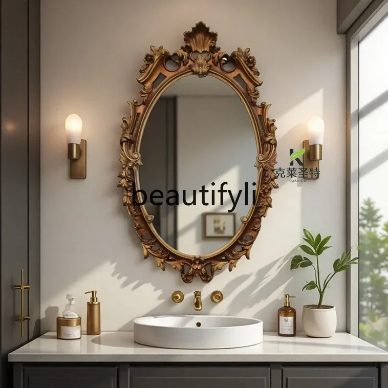 

French retro, bathroom mirror American living room fireplace decorative mirror wall hanging European oval makeup mirror