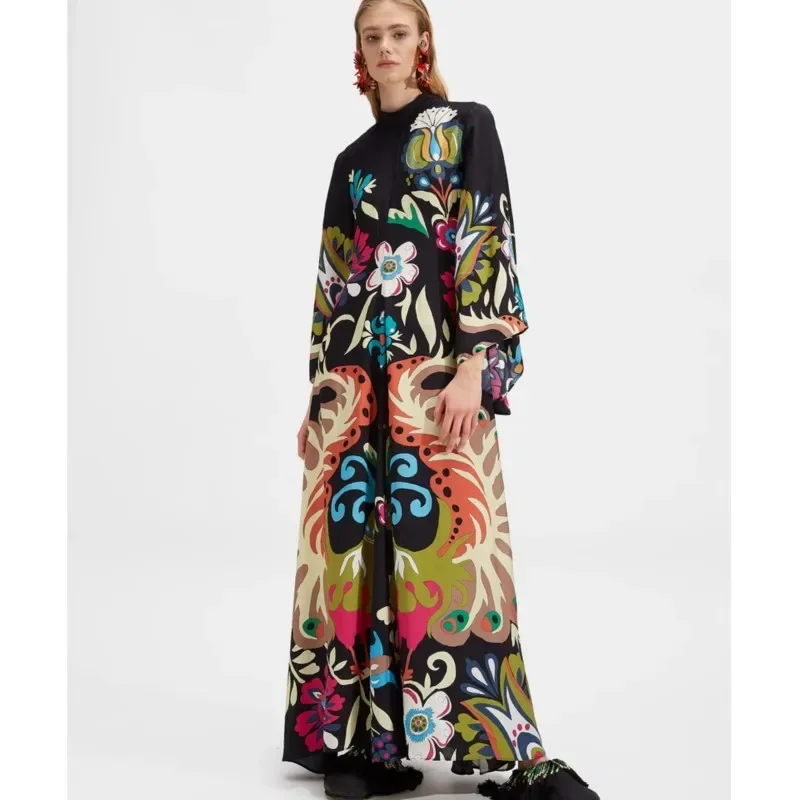 Fashion Vintage Print Long Dresses Women Stand Collar Leace-up Irregular Sleeves Loose Maxi Dress Trendy Lady Commuting Vestidos