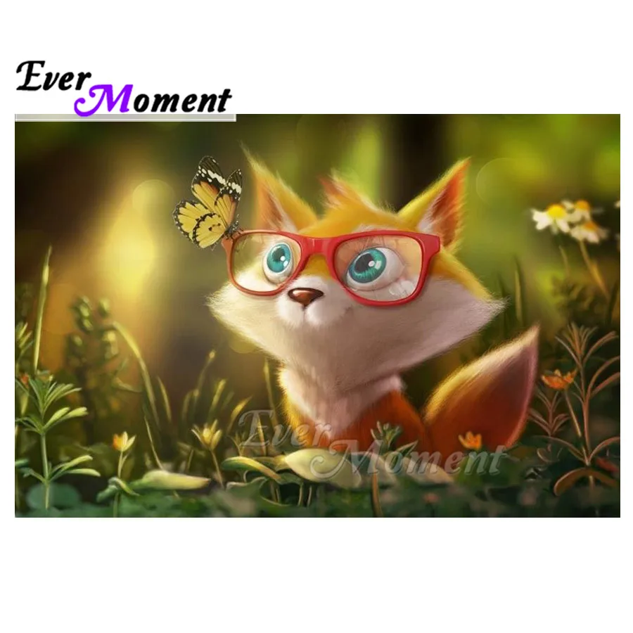 

Алмазная картина Ever Moment, маленькая лиса в очках, бабочка, 5D DIY, полная квадратная круглая дрель, мозаика, алмазная вышивка ASF2025