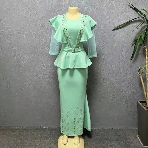 Sexiga pärlmönster eleganta kvällsklänningar för kvinnor nät lapptäcke toppar hög midja kjol 2-delade set klänningar ankara turkiskt kläder 8 best sales kvinnor Ankara modeklänning - №1