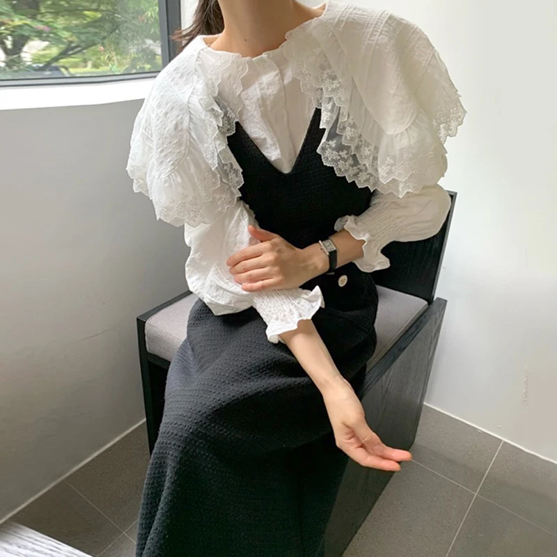 

Chic Lace Trimmed Bubble Sve irt with Tassel Wide Lapel Plaid Dr Women's Faion Set Cotton Material Autumn Season