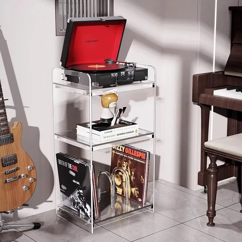 ‌Vintage Acrylic Record Storage Cabinet - CD Player Stand with Bookshelf, Retro Media Console for Turntable & Speakers