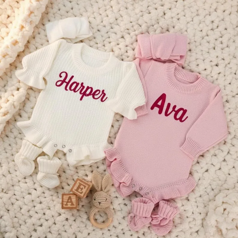 Custom Embroidered Baby Onesie, Knit Romper, Newborn Hospital Coming Home Outfit, Gender Neutral 100% Cotton First Birthday Gift