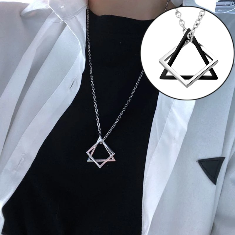 Geometry Silver Square Triangle Male Pendant for Men Stainless Steel Modern Trendy Geometric Stacking Streetwear Necklace