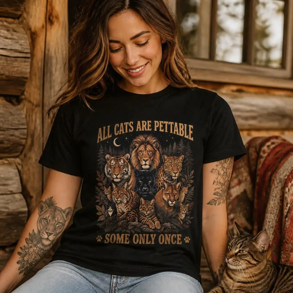 Funny All Cats are Pettable Some Only Once Wild Vintage T Shirts Casual Tees Short Sleeve Round Collar T-Shirt Pure Cotton Tops