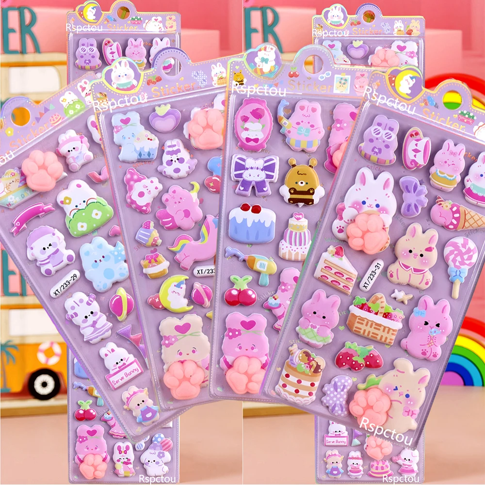 4 Adesivos de Bolhas de Ar com Garras de Coelho de Desenho Animado Kawaii, Adesivos de Brinquedo de Descompressão Macios e Apertáveis de Coelhinho de Anime Fofo, Decoração de Festa