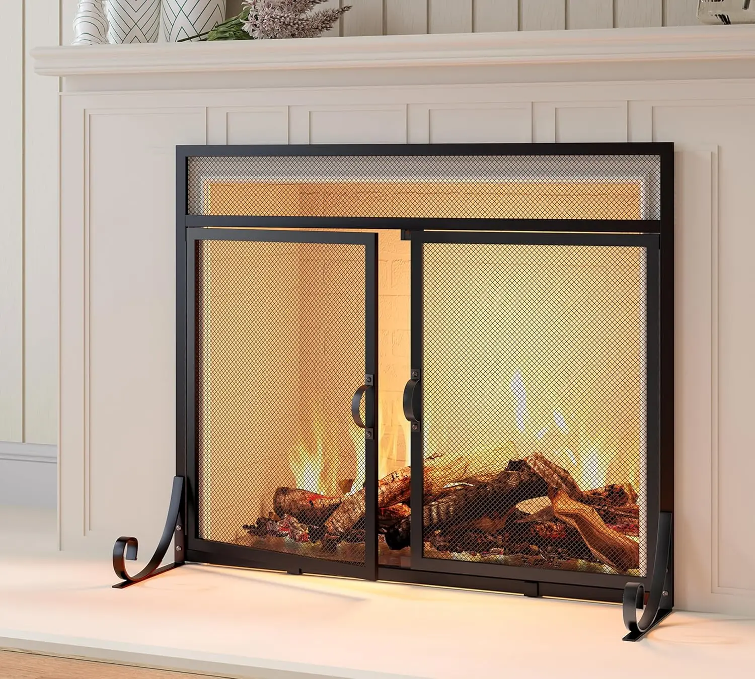 

Flat Fireplace Screen with Doors,Solid Wrought Iron Frame with Metal Mesh, Flat Panel Decorative Fireplace Screen with Moder