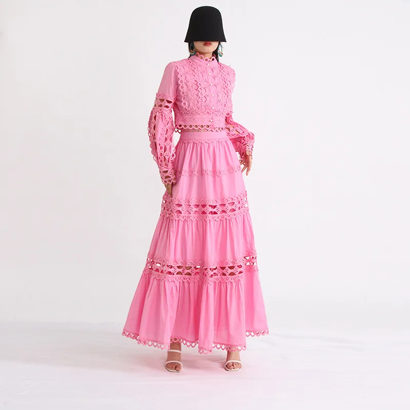 HKSH Women French Two-piece Set Hollow Out Single Breasted Long Sleeves Short Top Pleated A-line Skirt New Spring Summer HK20278