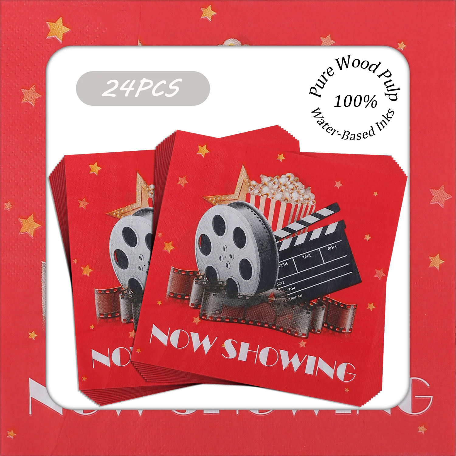 

24pcs NOW SHOWING Film Napkins Pure Wood Pulp 33x33cm Movie Night - Disposable Party Decor- Decorative Placemats - for Decoupage