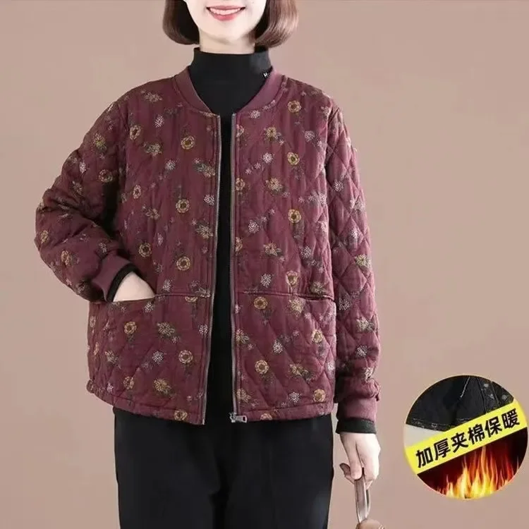 

Korean Print Autumn Winter Cotton Coat Women Vintage Quilted Jacket Warm Long Sleeve Parkas Thick Cotton-padded Jacket New