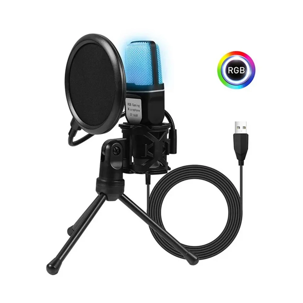 SF666R USB Wired Microphone Noise Reduction RGB Condensador Mic For Interview Vlogging Video Recording Podcast Mic With Stand