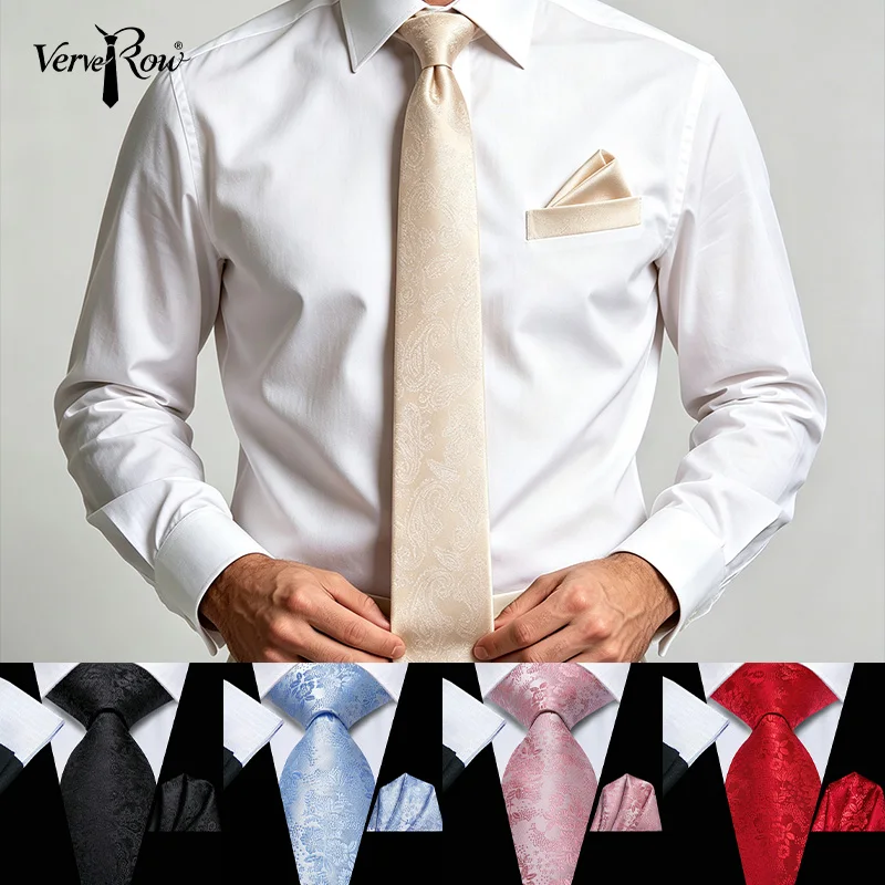 VerveRow Men Cream Paisley Tie & Pocket Square Set, Elegant Formal Wedding Business Neck Handkerchief Set