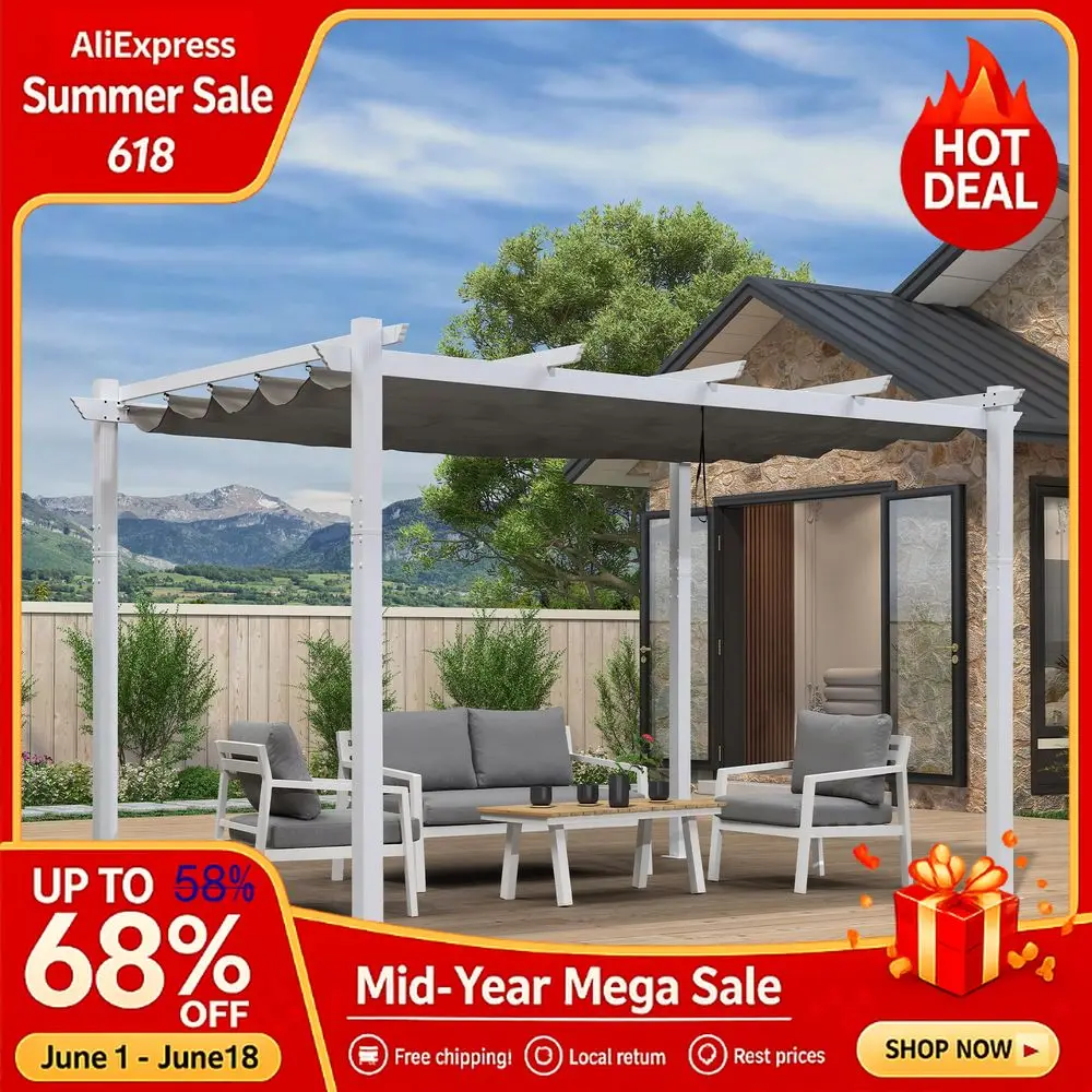 

10 x 13 Outdoor Retractable Pergola HeavyDuty Aluminum White Pergola with Sun Shade Canopy Patio Modern Shelter for Garde Custom