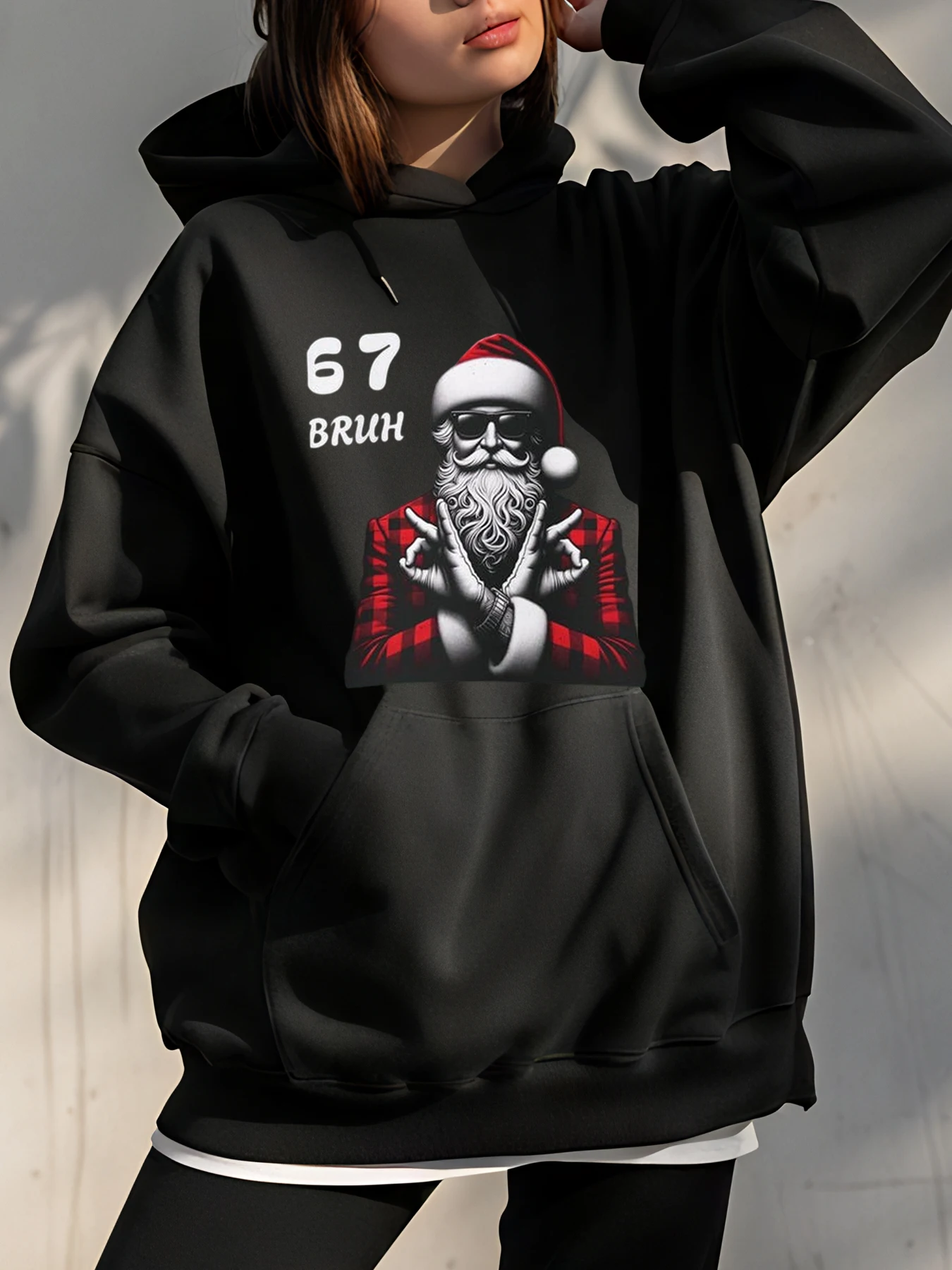 67 Sudadera con capucha Bruh Santa con diseño de cuadros rojos y detalle de barba para uso casual en estilo urbano urbano