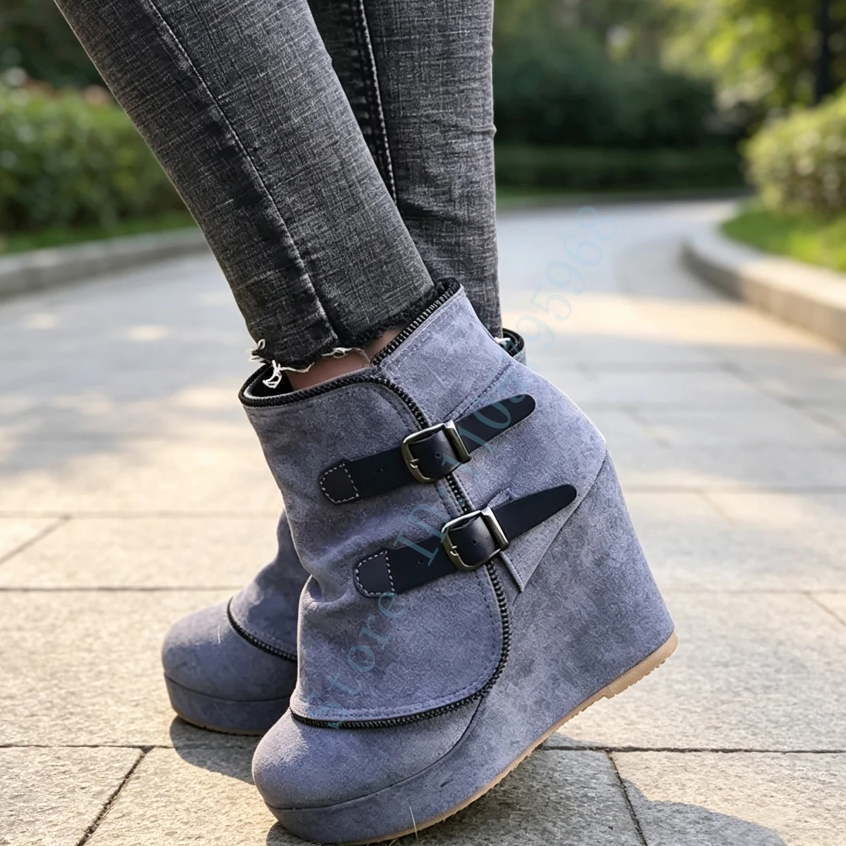 Women's Wedge Ankle Boots Double Buckle Side Zipper Fall Winter Platform Lift Casual Short Boots