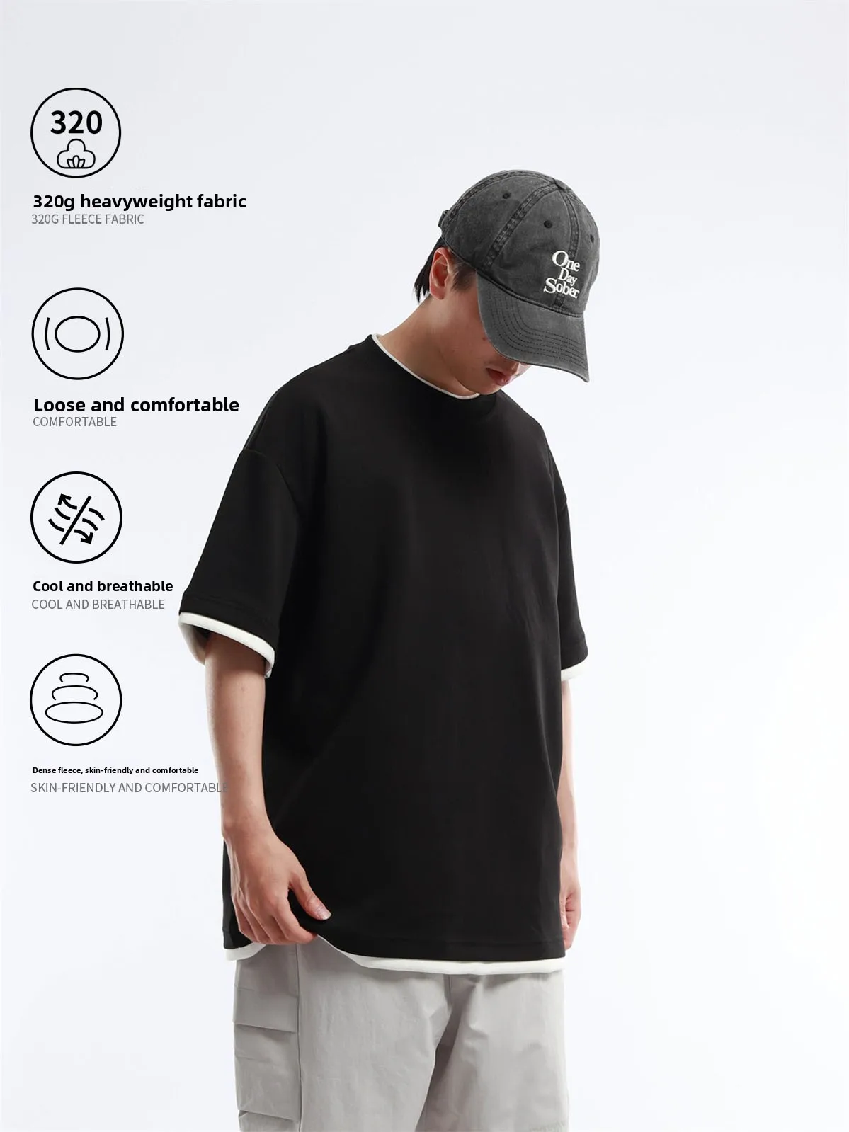 Japanese Style Heavyweight Manba Cotton Air Layer Color Block Flip  Fake Two-Piece round Neck Loose Wide Short Sleeve T-S...