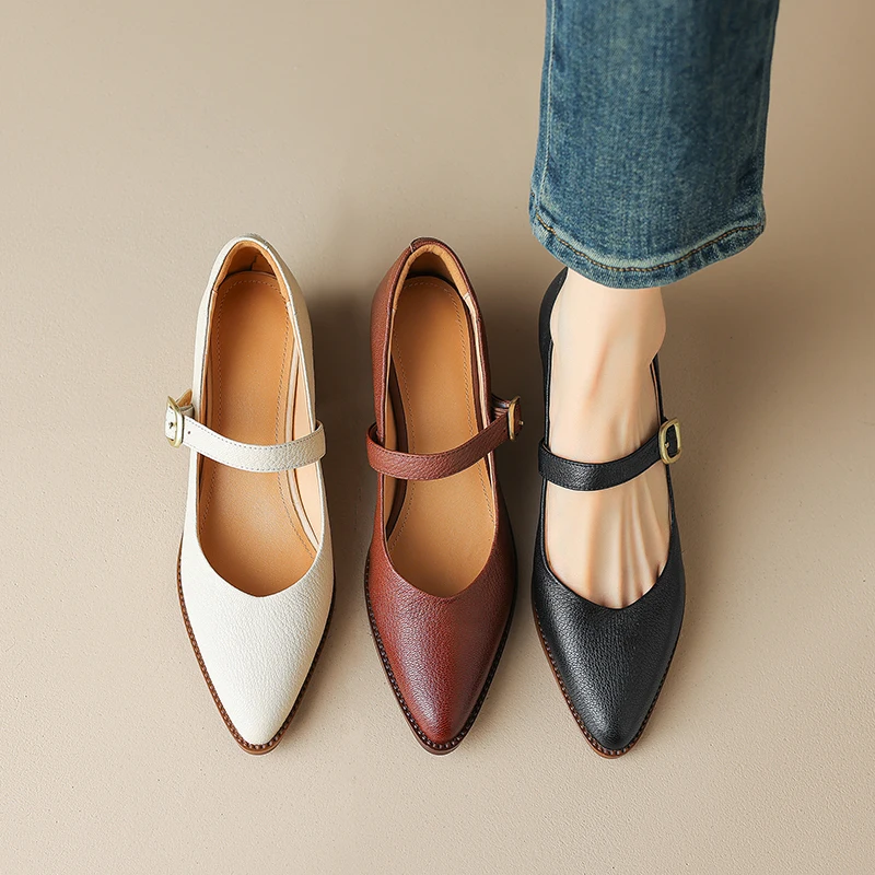 2026 new spring autumn women pumps natural leather plus size 22-26.5 cm cowhide+sheepskin+pigskin pointed toe buckle women shoes