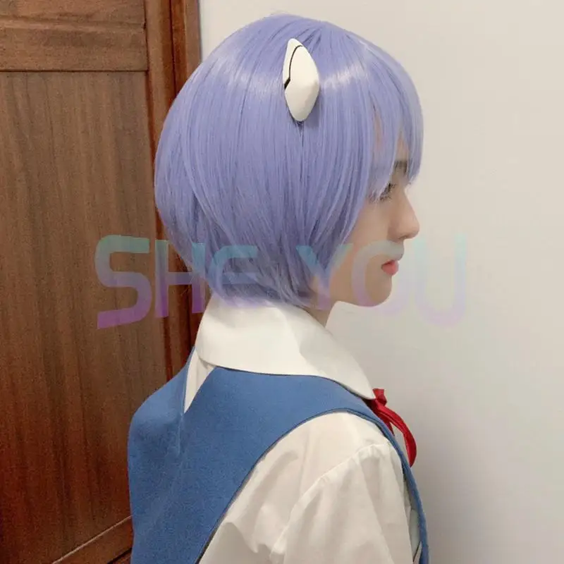 High Quality Anime EVA Short Light Blue Hair Ayanami Rei Heat Resistant Wig Cosplay Headwear Haripins + Wig Cap