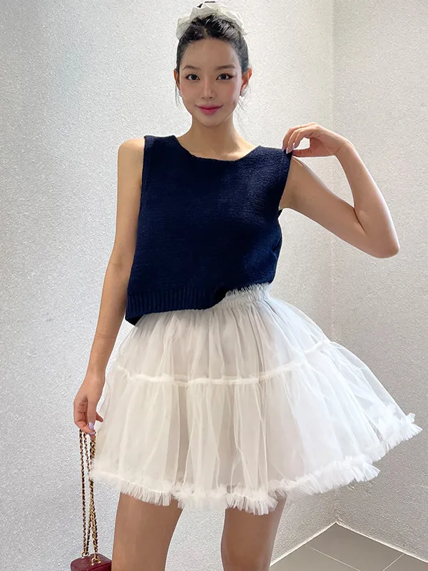 バレエ風ハイウエストチュールパフハーフスカート レディース 2025年春新作 Aライン着痩せ効果のある優しいショートスカート オンライン限定