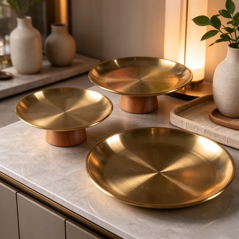 High Foot Cake Display Tray Stainless Steel Plate with Wooden Base Multifunctional Fruit Stand for Home Party Decor